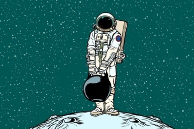 astronaut with cargo weights. pop art retro  illustration