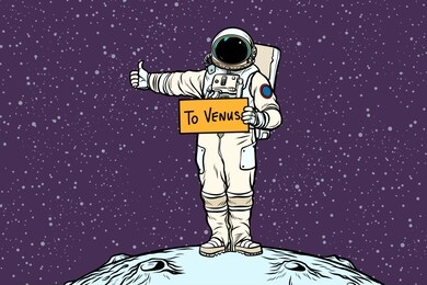 astronaut hitch rides on venus. pop art retro  illustration