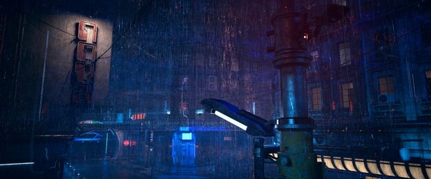 futuristic city landscape. rainy night scene. photorealistic 3d illustration of the gloomy cityscape in the style of cyberpunk. empty street with neon lights.