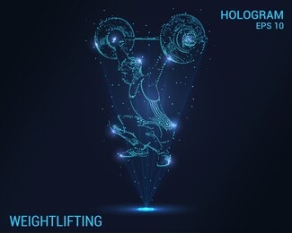 weightlifting hologram. holographic projection weightlifting. flickering energy flux of particles. the scientific design of the sport