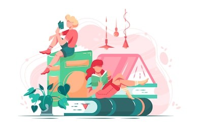 flat young friend woman with books in room with abstract interior and plant. concept girl character student education. vector illustration. 