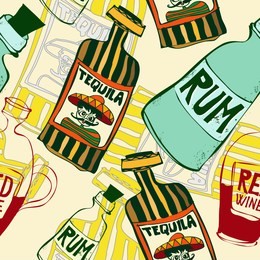 hand drawn colorful seamless pattern background with mexican alcoholic drinks, tequila, rum, and red wine bottles, ideal for print, poster, textile, web and other designs, eps10 vector illustration