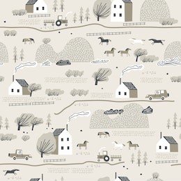 seamless colorful pattern with house, trees, horses, mountains and hills. perfect for kids fabric, textile, nursery wallpaper.