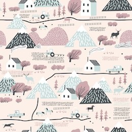 seamless colorful pattern with house, trees, horses, mountains and hills. perfect for kids fabric, textile, nursery wallpaper.