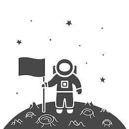 vector illustration: single flat black astronaut does a new planet discovery in cosmos with stars isolated on white background. icon for learning astronomy, astrophysics science and cosmic discovery,
