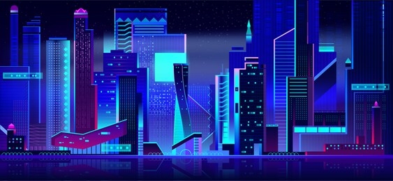 night city in neon lights. futuristic cityscape panoramic view background with glowing illumination. modern town buildings exterior architecture in blue and purple colors. cartoon vector illustration.