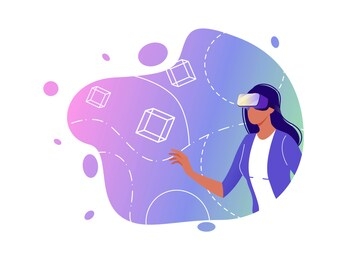 virtual reality. vr gaming, video gaming, online games. woman with vr glasses. flat vector concept illustration isolated on white
