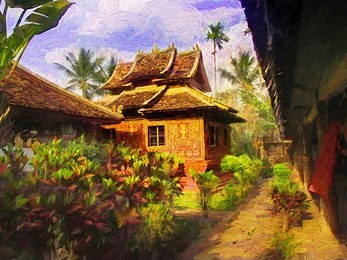 the ancient buddhist temple building in the dai minority park in jinghong city, xishuangbanna, south of yunnan province, china. abstract digital oil painting.