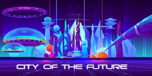 city of future at night with glowing neon lights and shining spheres. metropolis landscape with flying town parts under glass domes, spaceship, tube bridge and skyscrapers. cartoon vector illustration