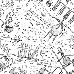 old chemistry laboratory seamless pattern on white. vector background. a raster illustration.