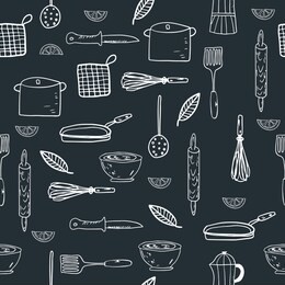 hand drawn kitchenware seamless pattern on a chalkboard background. sketch style. vector illustration.