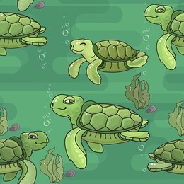 seamless pattern. cute cartoon green sea turtle.