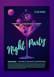 cocktail party poster for a night club. futuristic neon style illustration with planet and glass. invitation template.