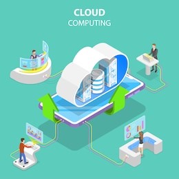 isometric flat vector concept of cloud computing technology, data storage and hosting, big data.