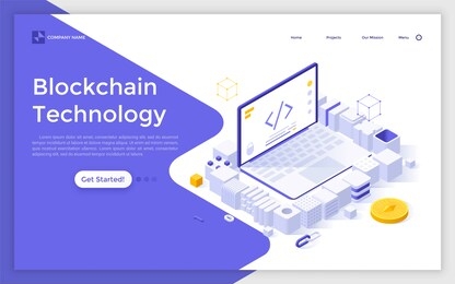 landing page template with laptop computer surrounded by cubic blocks. blockchain technology, software ad equipment for cryptocurrency or crypto coin mining. modern isometric vector illustration.