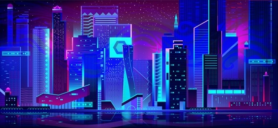 night city with neon illumination. futuristic urban architecture, panoramic view cityscape with glowing lights. modern megapolis buildings exterior in blue purple palette. cartoon vector illustration.