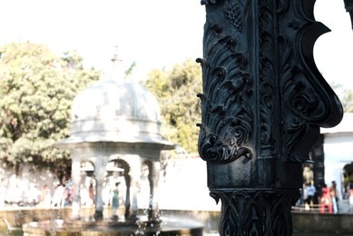 detail of the chiseled pavilion in the garden of maidens or saheliyon ki bari in udaipur, rajasthan, india.