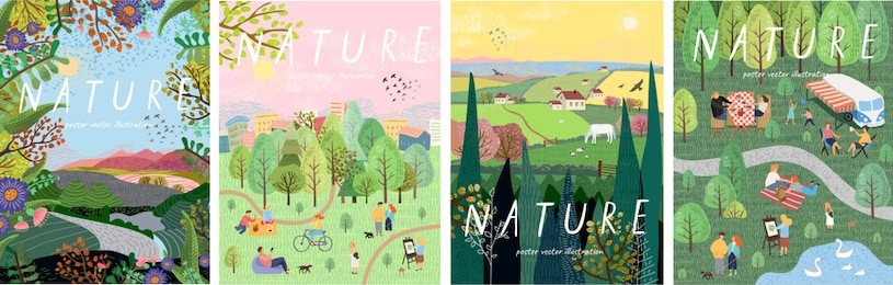 nature. cute vector illustration of landscape natural background, village, people on vacation in the park at a picnic, forest and trees. drawings from the hand of summer and spring
