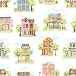 seamless pattern with cute cartoon city buildings surrounded by landscape isolated on white background. watercolor hand painted illustration