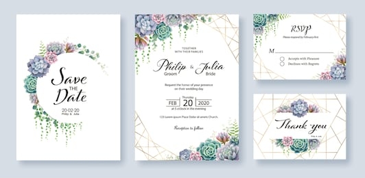 greenery, succulent and branches wedding invitation card, save the date, thank you, rsvp template. vector. 