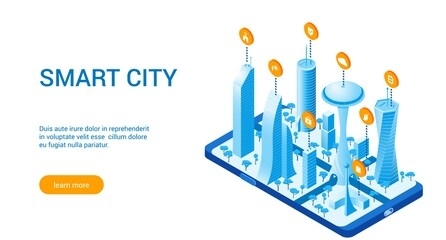 isometric template for smart cityscape. vector illustration of city with buildings, cars and trees