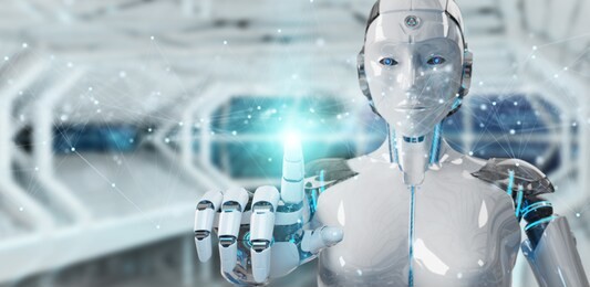 white robot on blurred background using floating digital network connections with dots and lines 3d rendering