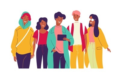 happy friends watching video together. group of young smiling men and women dressed in trendy clothes looking at tablet pc screen. bright colored illustration in modern flat cartoon style.