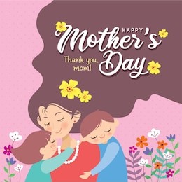 happy mother's day template design or copy space. hand drawn mother, son & daughter with flowers on pink polka dot background in flat vector illustration. cartoon mom together with children.