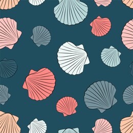 seashells sweet colors cartoon style on sea color background. vector seamless pattern.