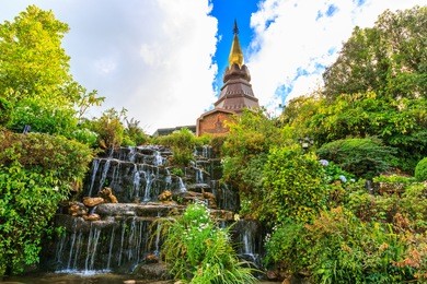 naphapholphumisiri che-di with man made water fall, doi inthanon national park, chiang mai, thailand.