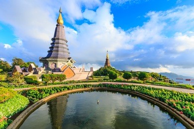 naphapholphumisiri che-di with blue sky and white cloud, doi inthanon national park, chiang mai, thailand.