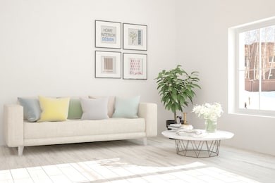stylish room in white color with sofa. scandinavian interior design. 3d illustration