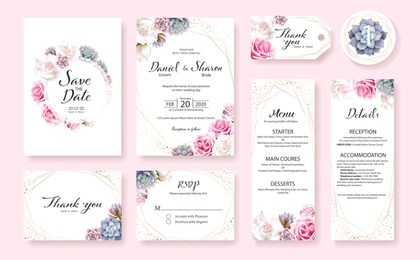 floral wedding invitation card, save the date, thank you, rsvp, table label, menu, details, tage template. vector. pink and white rose flower, succulent plants.