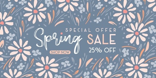 elegant hand-painted spring sale promotion horizontal banner with floral wreath. special offer social media graphics