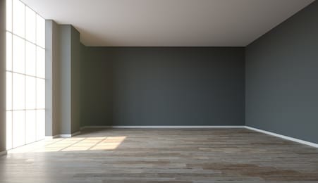 empty interior background, room with dark gray walls, wood floor and sun light, 3d illustration. 