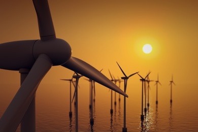 alternative energy- close up of floating wind farm turbine at sunset.