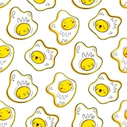 scrambled eggs, fried eggs. seamless pattern in the style of kawaii, cartoon, emoji.