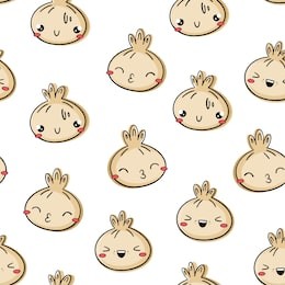 seamless pattern dim sum. emoji style, kawaii. the food in the test with the character. 