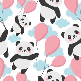 seamless panda pattern background, happy cute panda flying in the sky between colorful balloons and clouds, cartoon panda bears vector illustration for kids