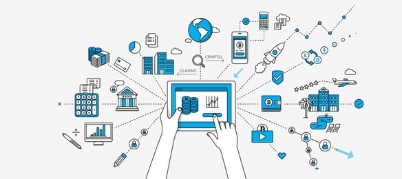 cryptocurrency / online money investment infographics. internet of things concept. modern illustration in linear style.