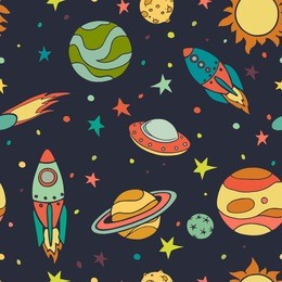 seamless pattern with space, rockets, comet, planets and stars. childish background. hand drawn vector illustration.