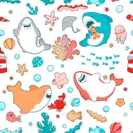 cute marine seamless pattern with kawaii sharks, animals and algae, underwater world