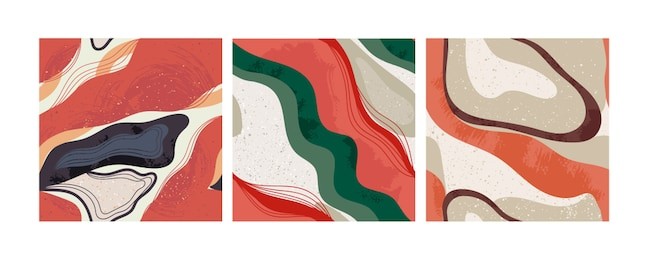 set of three hand drawn abstract contemporary seamless patterns. smooth lines. stone texture. modern trendy colorful illustration in vector. marbleized effect. every pattern is isolated
