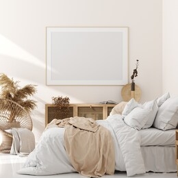 mock up frame in bedroom interior, beige room with natural wooden furniture, scandinavian style, 3d render	