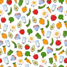 seamless vector pattern with kawaii cartoon food - vegetables, eggs and other diet products on white background. cute characters. illustration for textile, wrapper. flat style