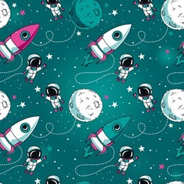 seamless background with cute doodle astronauts, planets, spaceships and stars, vector illustration