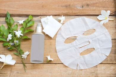 natural cosmetics aroma sheet mask  and the therapy first serum toner health care for skin face extract herbal of lifestyle woman relax arrangement flat lay style 