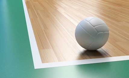 volleyball on wooden court floor corner close up with light reflection 3d rendering with room for text or copy space