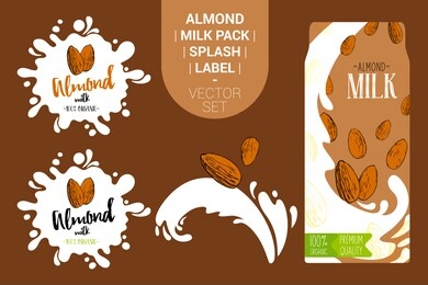 cartoon almond nuts on juice splash. fresh almond milk pack with organic labels tags and hand drawn nuts. colorful nut stickers. almond badges with splash. fruit vector package set