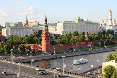 ship on moskva river, vodovzvodnaya tower of kremlin, grand kremlin palace, ivan great bell in moscow, russia.